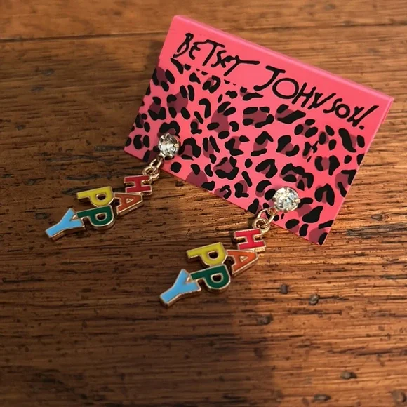 NWT Betsey Johnson Multicolor “Happy” Dangle Studded Earrings - Picture 5 of 6